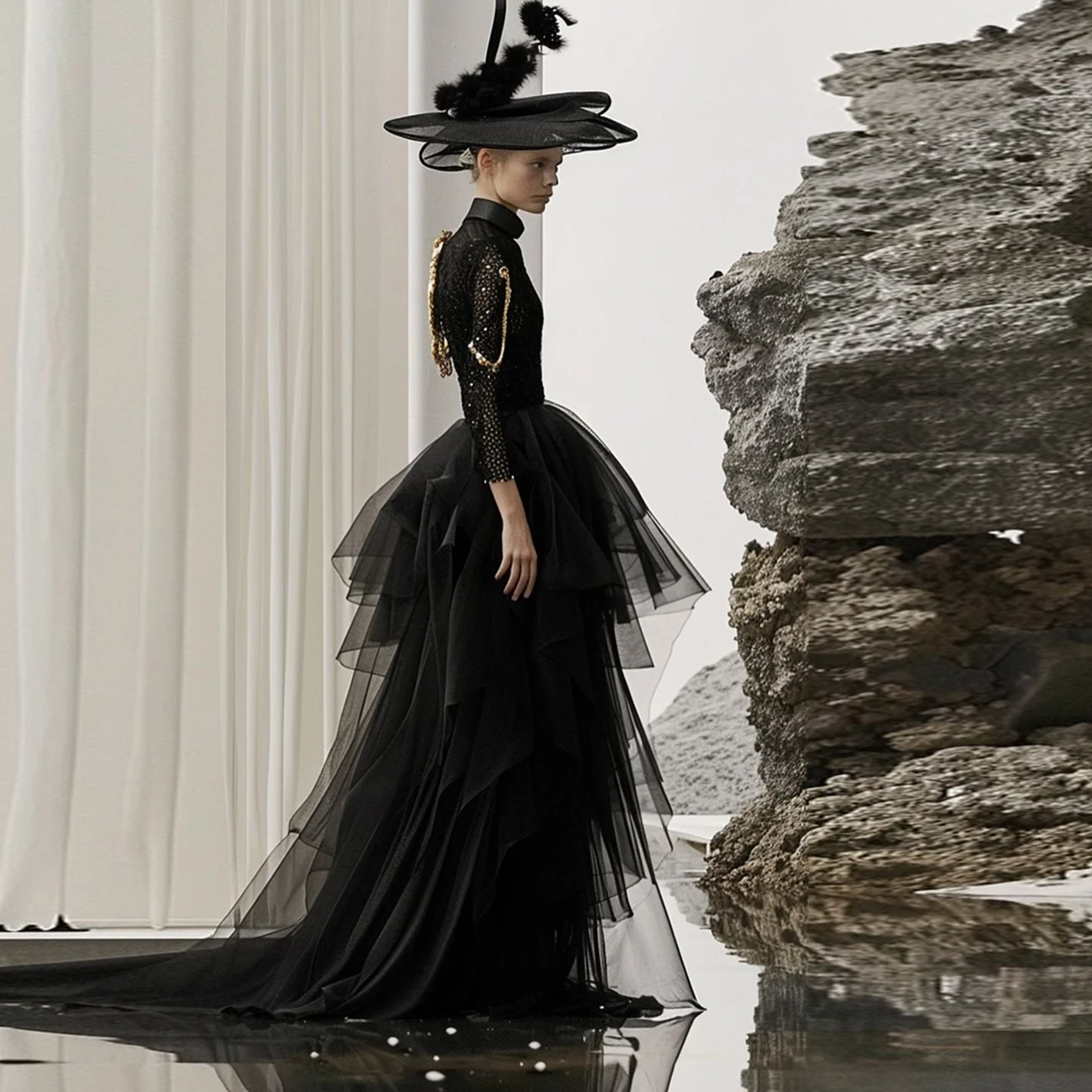 Zwarte tule en satijnen gelaagde rokken hoge taille A-lijn sweep trein lange rok dames formele kleding alleen voor feestjes rok