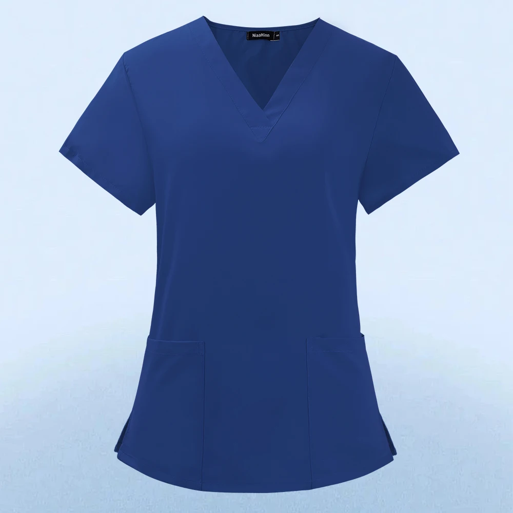 Solid Color Nursing Work Scrub Women\'s Short-sleeve V-neck Clinic Nurse Uniform Protective Clothing Care Worker Lab Tops