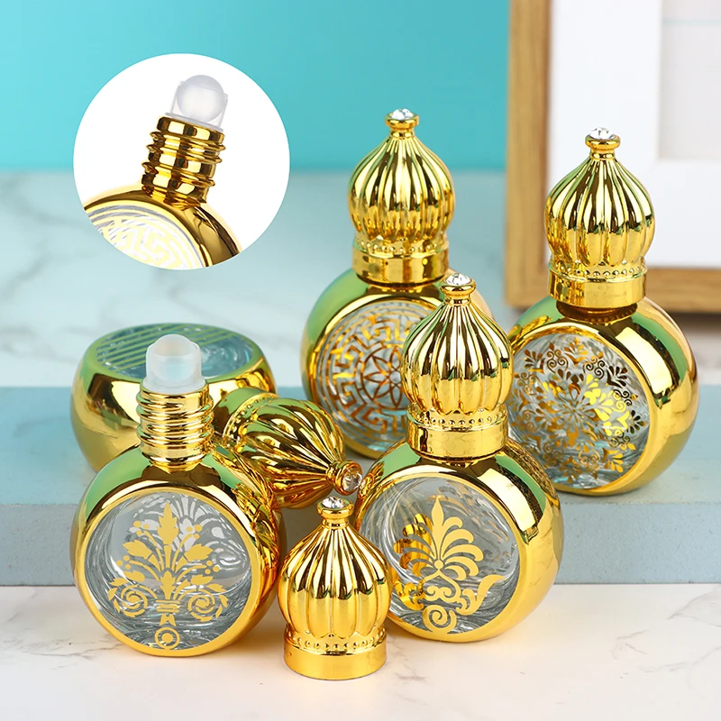 Ätherische Öl Roller Flasche 10ml Mini Gold Krone Form Parfüm Abfüllung tragbare Reise galvani siert Carve Glas leere Flasche