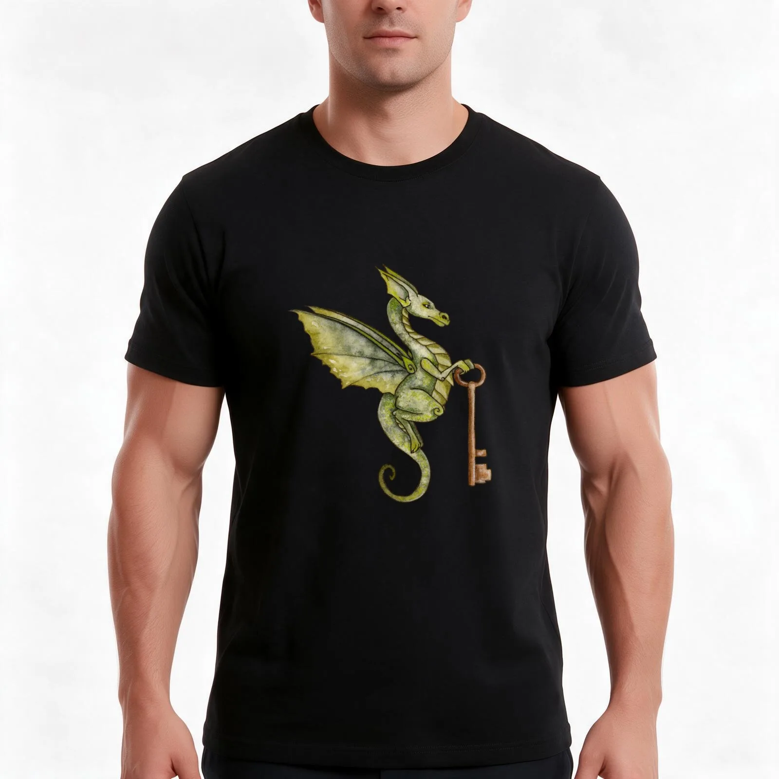 Green Key Keeper Dragon T-Shirt, Summer Casual Cotton Tee, Oversized Streetwear Tops, Vintage Graphic Print, Unisex Men Women