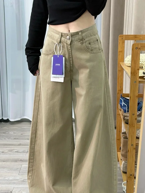 Retro Amerikaanse kaki Fce gevoerde wijde pijpen losvallende Thiened-denimbroek voor dames Casual broek met hoge taille en rechte snit