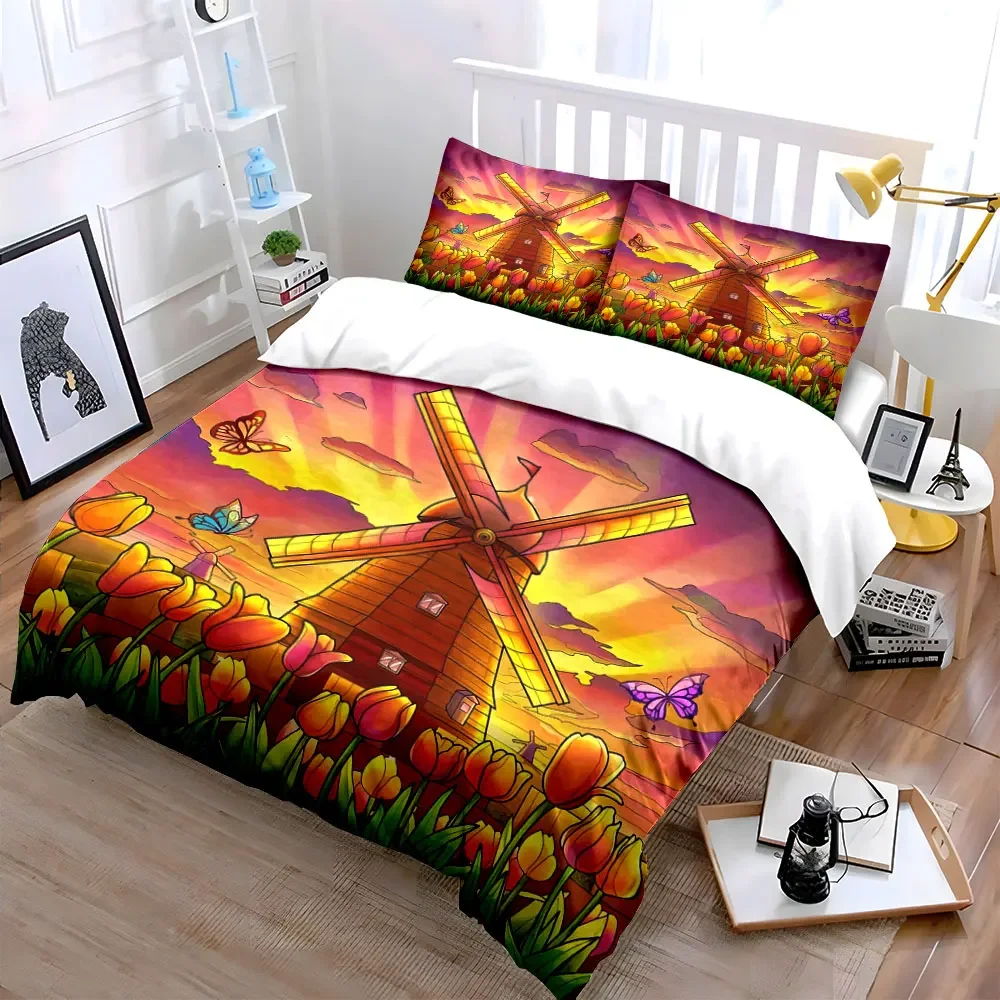 Windmill Tulips Sunset Decor Set Soft Comfortable Duvet Cover Bedding Set Included 1*Duvet Cover & 2*Pillowcases, gift