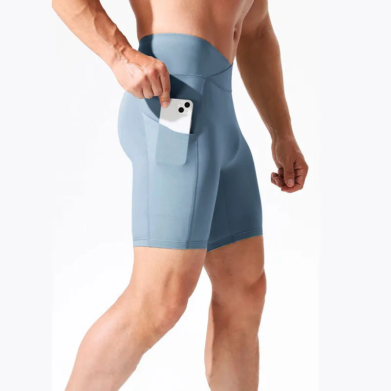 Pantalones cortos deportivos de cintura alta para hombre, Shorts elásticos transpirables para correr, gimnasio, entrenamiento físico, trotar, con bolsillos, Verano