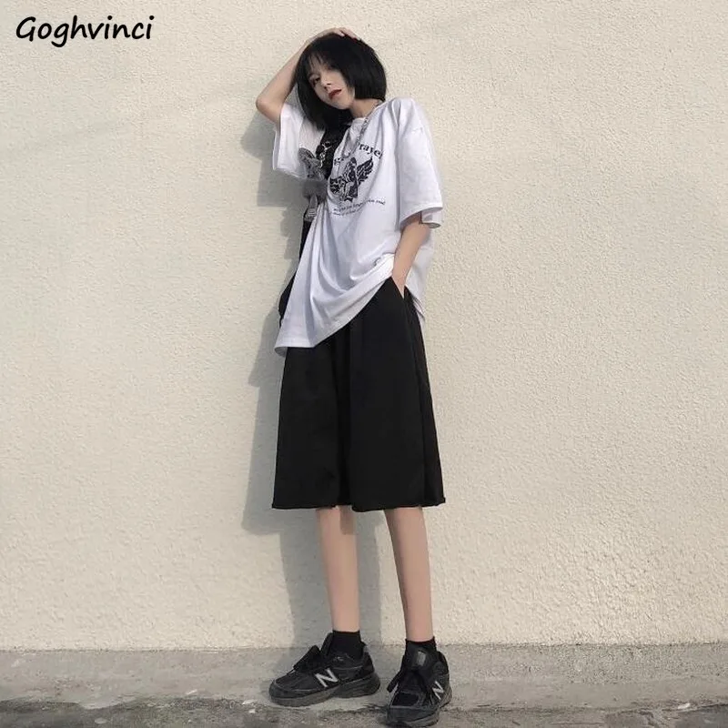 Shorts Women Summer Solid Knee-length High Waist Loose Ins Simple Leisure Fashion Female Preppy Stylish Teens Korean Style Daily