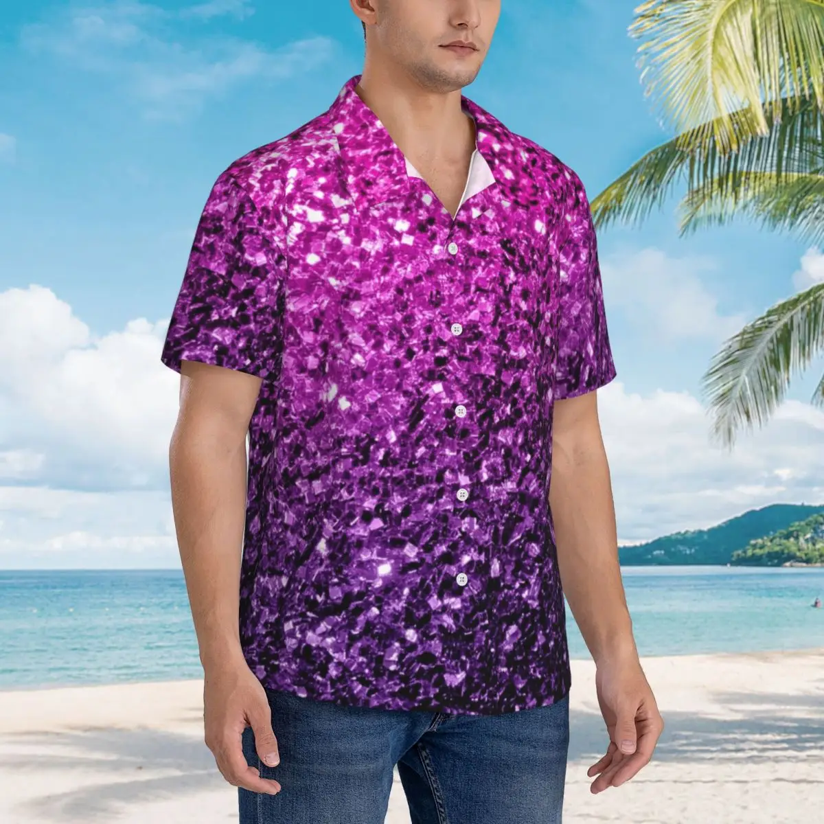 Camisa de praia com brilho falso masculina, roxa, rosa, ombre, camisas casuais, manga curta havaiana, blusas extragrandes vintage, ideia de presente