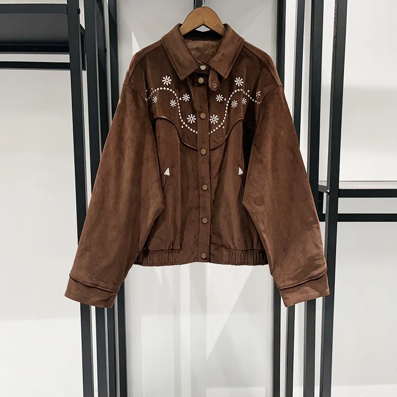 2025 Korean Japanese Fashion Embroidered Floral Western Collar Easy Care Flight Jacket