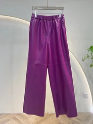 Fuchsia Leather Long Pants for Women 2024 Spring Natural Skin Elastic Waist Wide Straight Pants Casual Floor Pantalones de Mujer