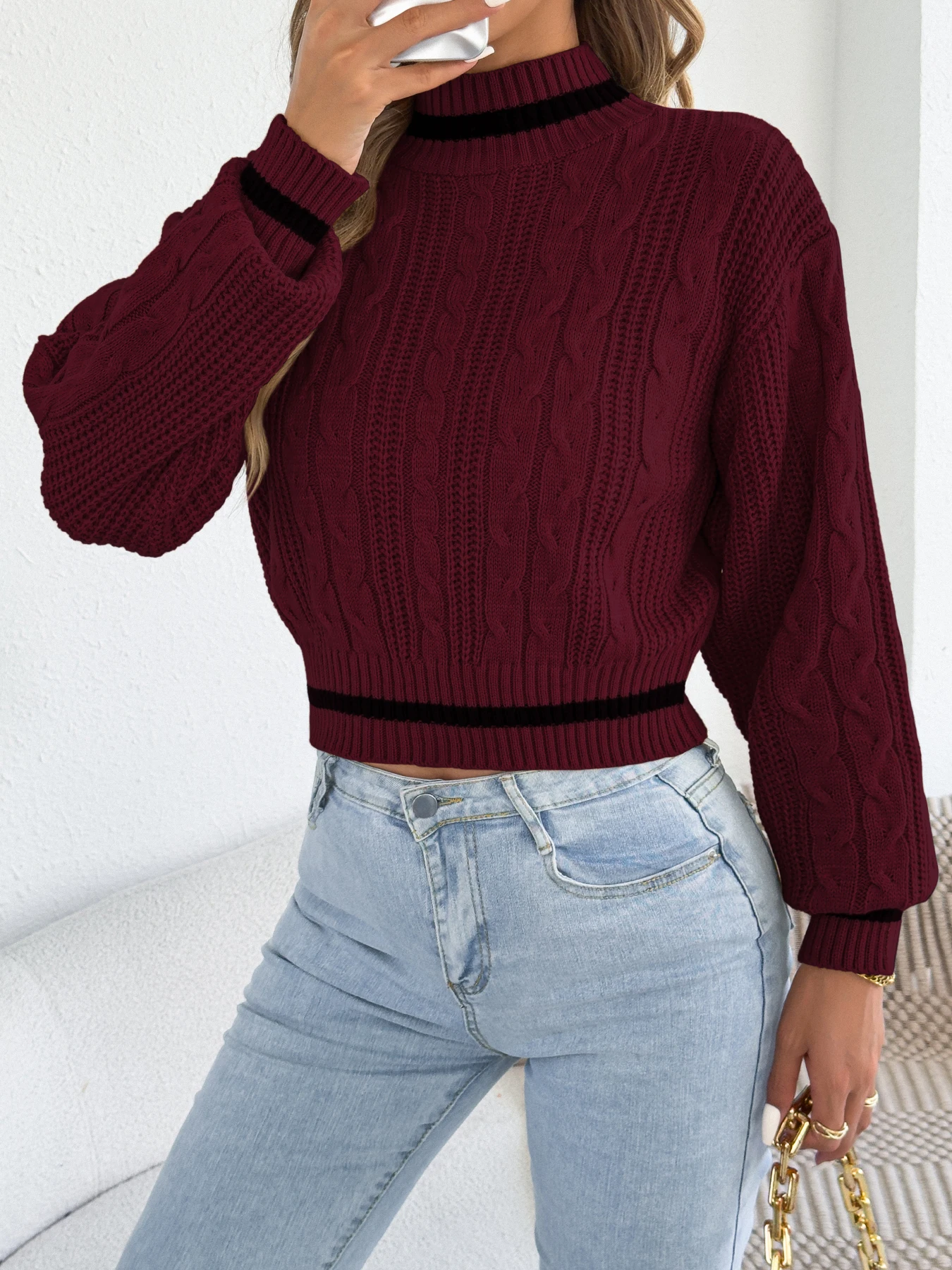 Mock Neck Colorblock Striped Cropped Sweater Long Sleeve Slim Fit Casual Fall