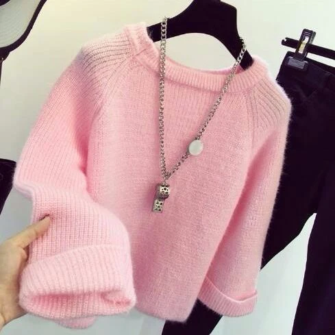 

Loose Knitted Round Neck Sweater Women Simple Fashion Small Fresh Style Elastic Solid Bottoming Sweater Pullover Female Spring