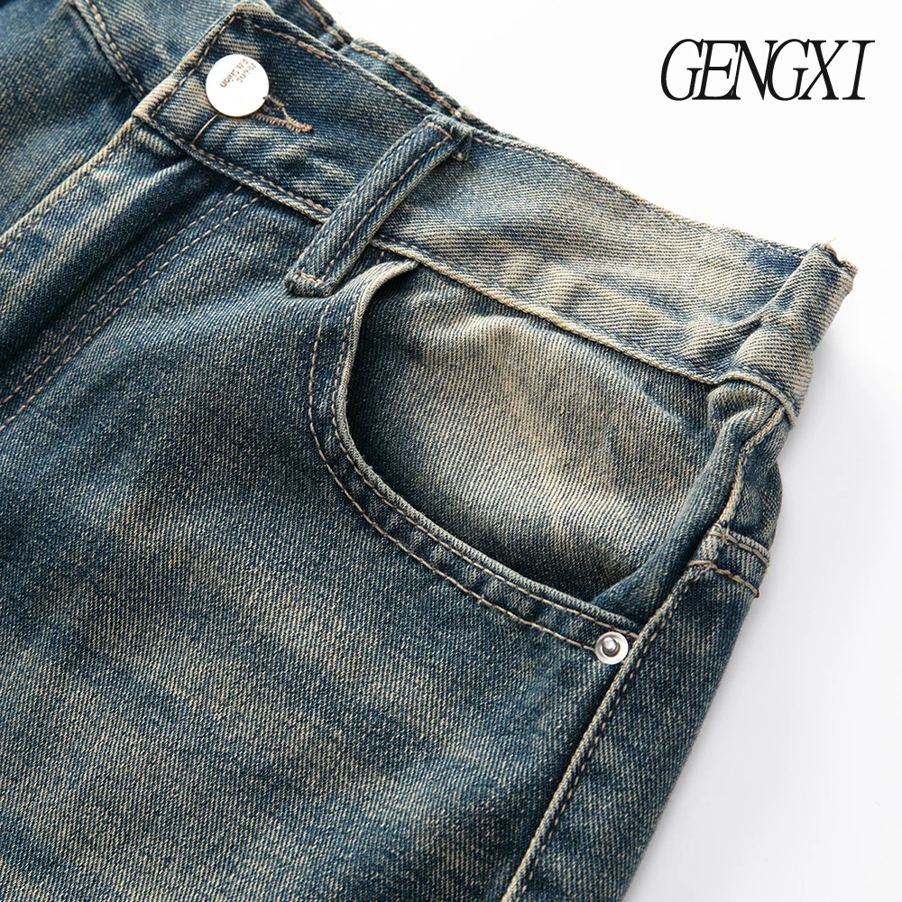 هاي ستريت الرجال مستقيم الساق الجينز ركاب خمر نمط غسلها والمتعثرة الطابق طول الجينز أربعة مواسم بناطيل كاجوال #6