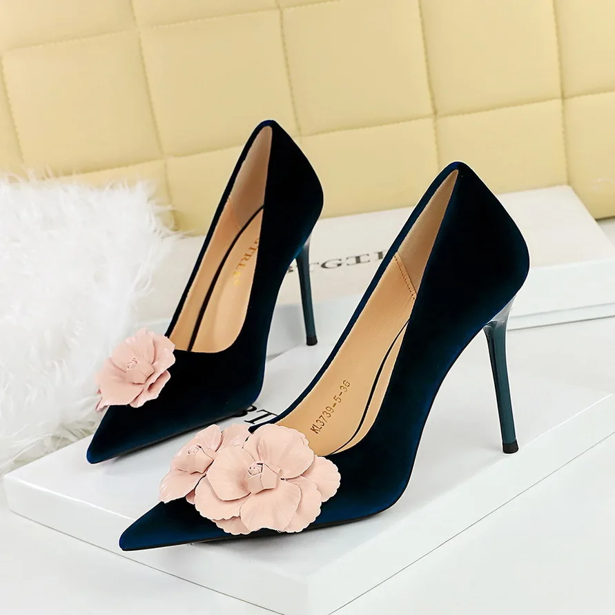 New Style Banquet High-heeled With Thin Heels West Suede Light Mouthed Pointed Color Blocked Flower Single Shoes For Women Pumps