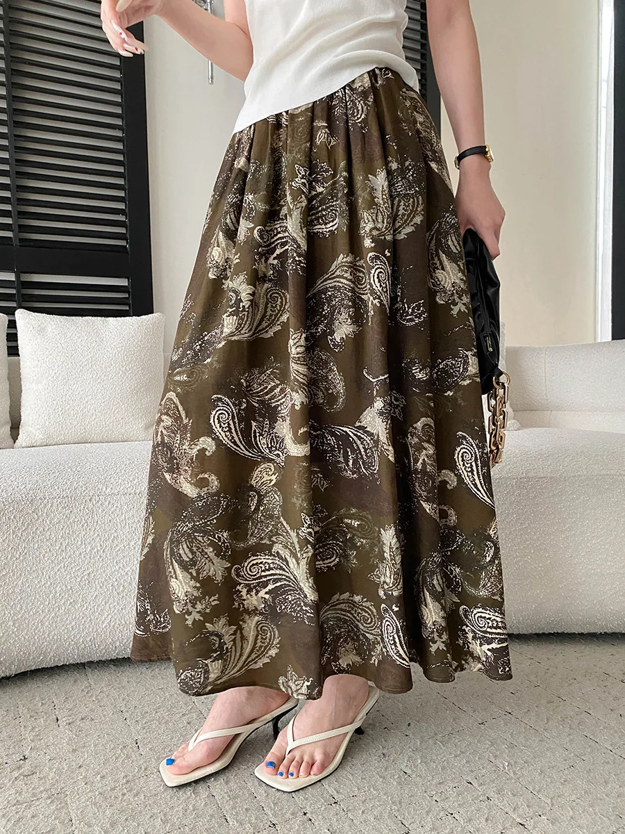 

Summer women's French floral print elastic high waist slimming A-line skirt