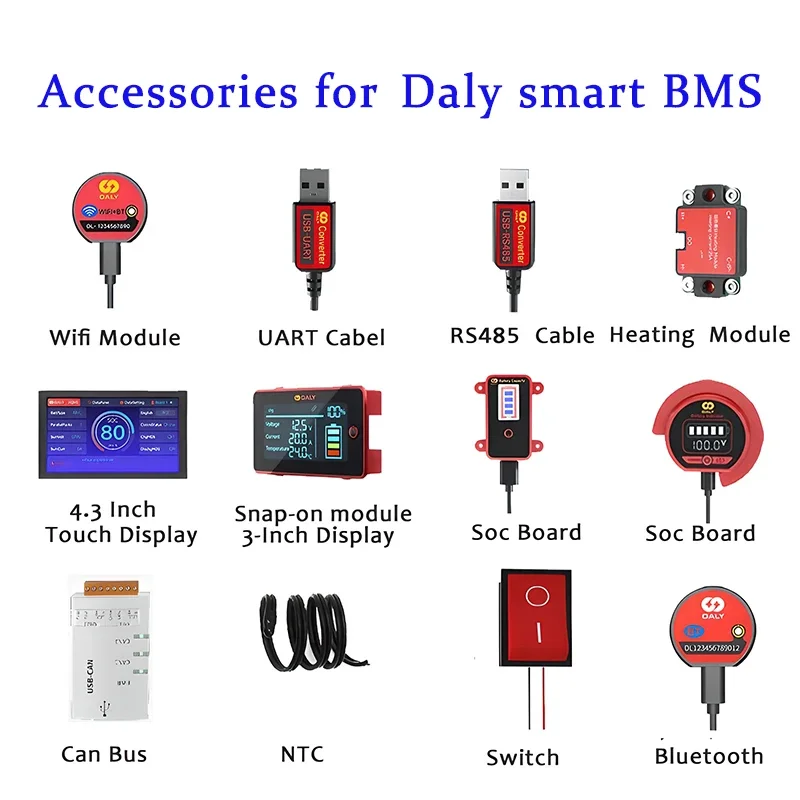 Smart BMS Accessory Wifi Bluetooth Heating UART RS485 Cable CANbus Power Board NTC LCD Dispay for Daly 4S 8S 14s 16S 20S BMS