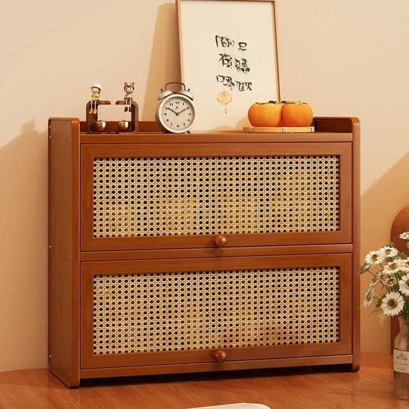 Multi-functional Desktop shelf imitation rattan woven multi-functional finishing floor locker multi-layer flap storage cabinet