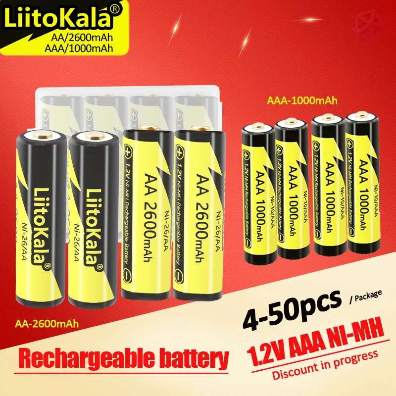 LiitoKala aaa1.2V AAA 1.2V AA 2600mAh akumulator Ni-MH do pistoletu temperaturowego pilot zdalnego sterowania mysz zabawka baterie 4-50 sztuk