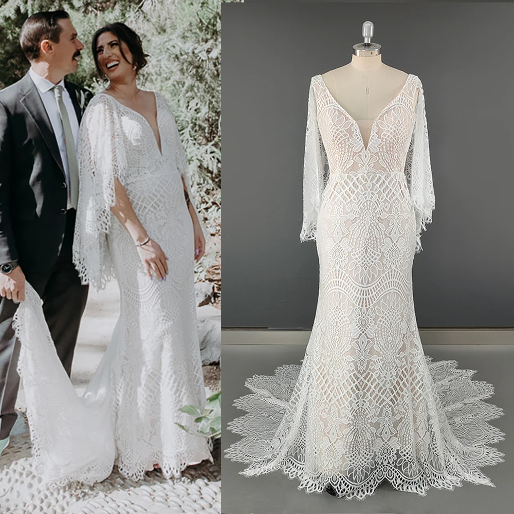 Cascading Flutter Sleeves Graphic Lace Wedding Dress V Neckline Backless Customized Rustic Boho Mermaid Fitted Bridal Gown