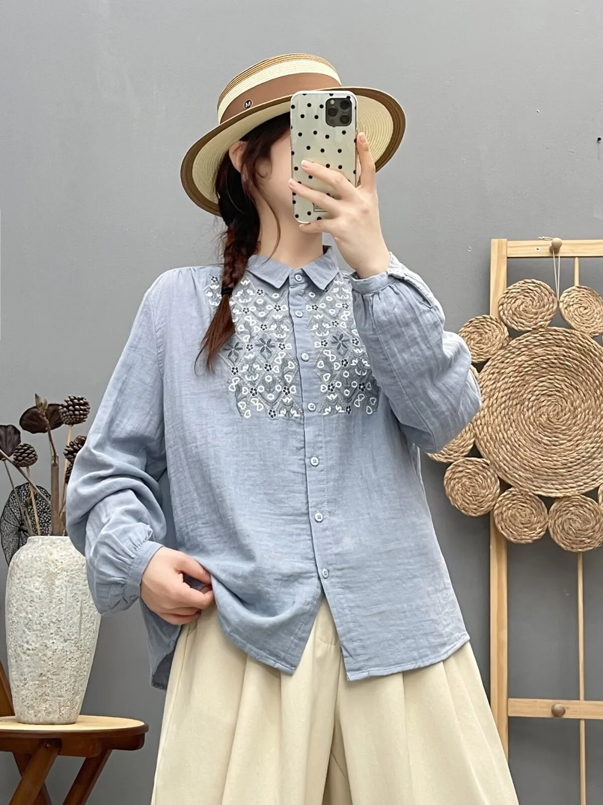 قميص نسائي قطني مطرز عرقي لعام 2026 قميص عتيق من غزل القطن الخالص أزرق أحمر رمادي أبيض قميص نسائي بقاعدة ربيعية #6