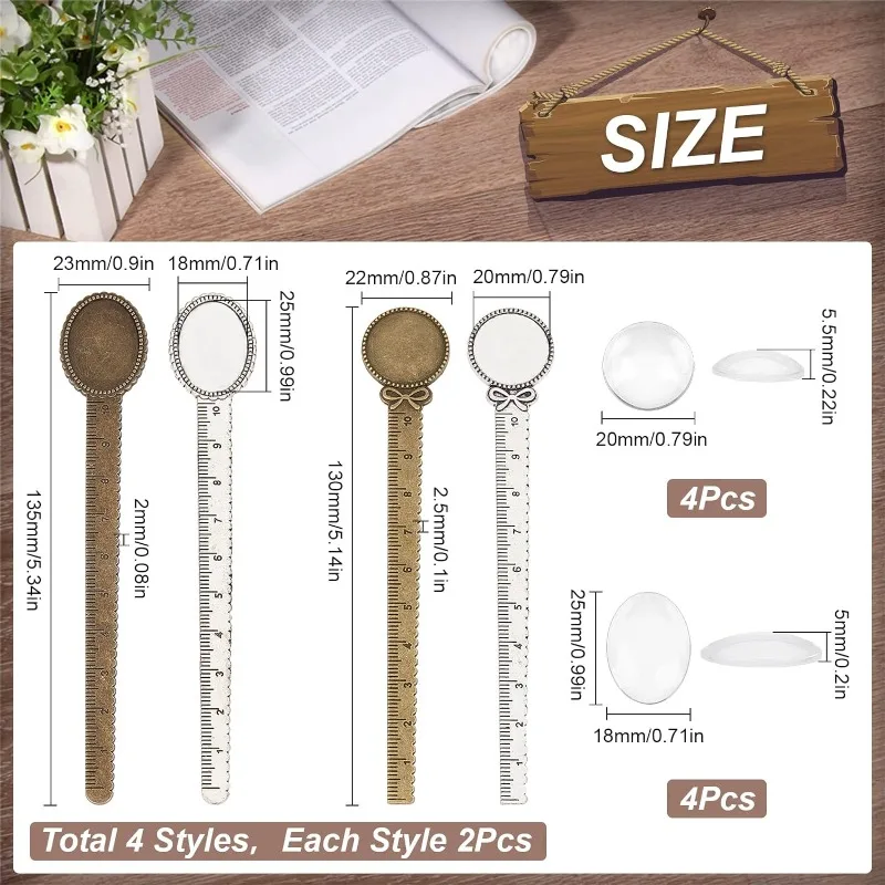 1 Box 16Pcs DIY 8 Sets Bookmarks Vintage Style Bookmark Making Kit Ruler Metal Book Mark Trays Glass Clear Dome Cabochon Oval