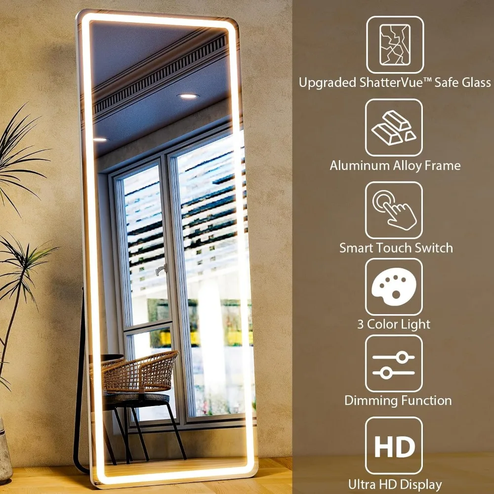 LED-beleuchteter Ganzkörperspiegel, gehärtetes Glas, 26"x68", einstellbare Helligkeit, 3 Farboptionen, an der Tür montierbar, stehendes Design