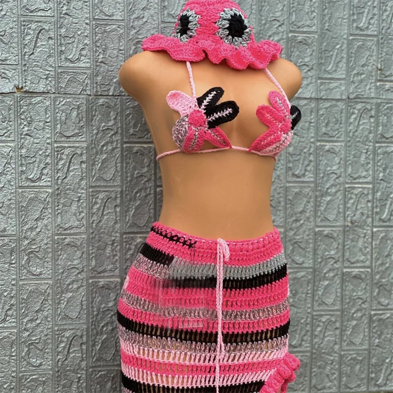 2 pieces Woman Bikini Set Crochet smock Top Sexy Thong Bottom See-Through Hollow Out Bandage High Waist Short Beach Skirt