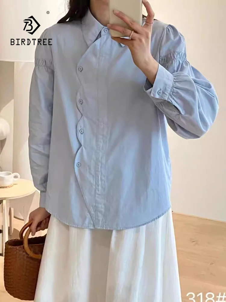 New Spring Cotton Solid Shirt Women Lapel Long Sleeve Loose Tops Girl Literature Commute Wave Sweet Blouse 2024 Autumn T44546QC