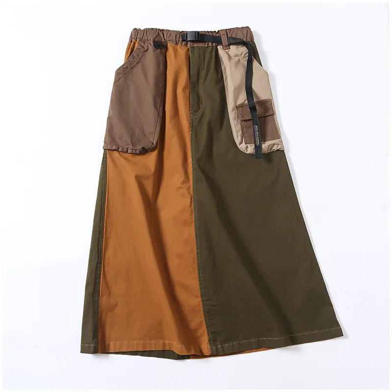 Design Sense Niche Splicing Style Loose Retro Elastic Waist Temperament Pocket Commuter A-line Skirt