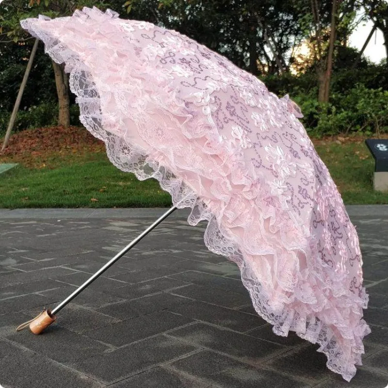 

2 Fold Black Lining Sequin Lace Embroidery Umbrella, UV Protection Princess Parasol for Women, Pink Rain Sun Lolita Style