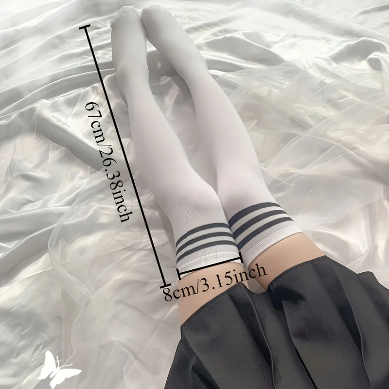 Sexy Damen-Overknee-Socken mit drei Stangen, gestreift, für den Sommer, verdickte lange Socken, bequemes Overknee-Streifen-Design – Detail 1
