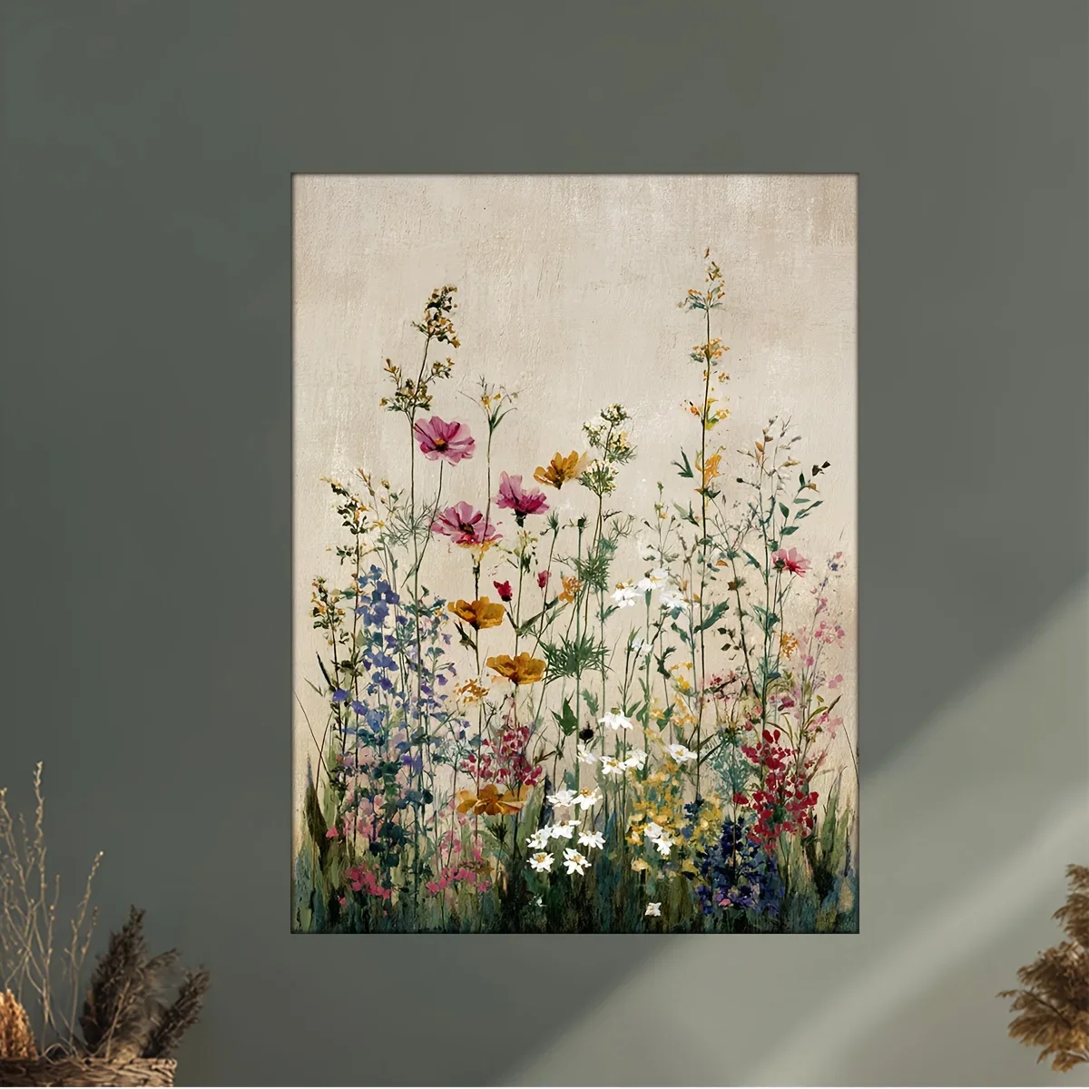 1pc Unframed Canvas Wall Art，Large Rustic Wildflowers Wall Art, Pastel Pink Yellow Purple Blue Green White Beige Brown Textur