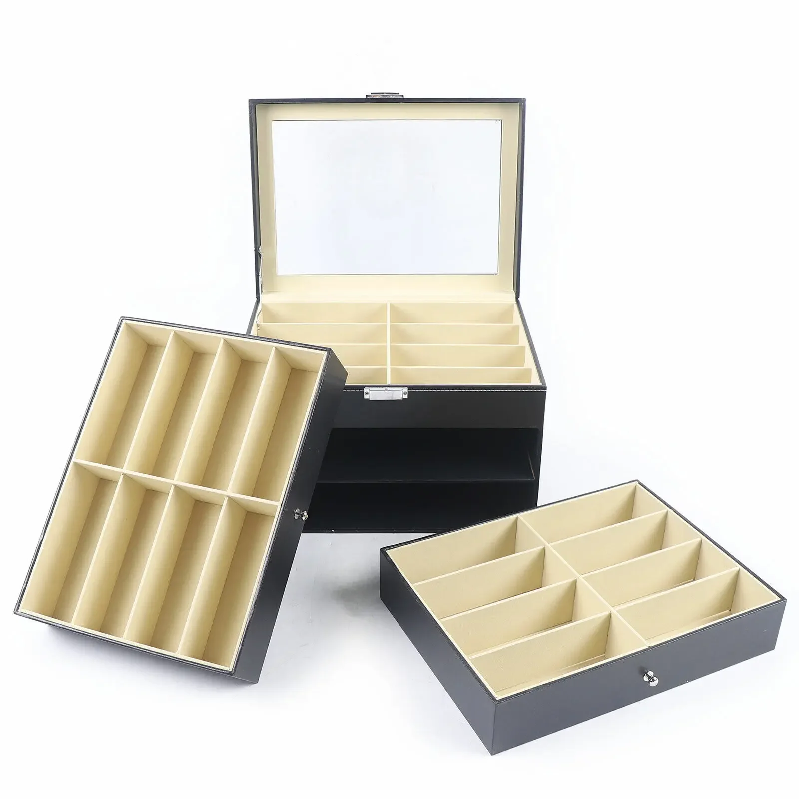 

PU Leather Sunglasses Display Box Glass Window Jewelry Organizer for Glasses Rings Necklaces