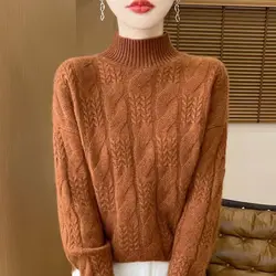 Korean Solid Color Pullover Long Sleeve Autumn Winter Half High Collar Sweater Knitted Casual Women's Clothing Fashionable Tops