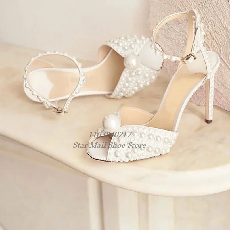 

Women's Peep Toe Handmade White Pearl-Decorated Leather Slingback Sandal Ankle Strap Buckle Stiletto Wedding and Engagement Shoe