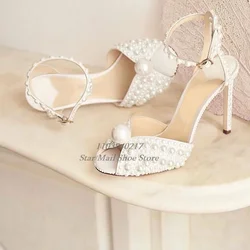 Women's Peep Toe Handmade White Pearl-Decorated Leather Slingback Sandal Ankle Strap Buckle Stiletto Wedding and Engagement Shoe