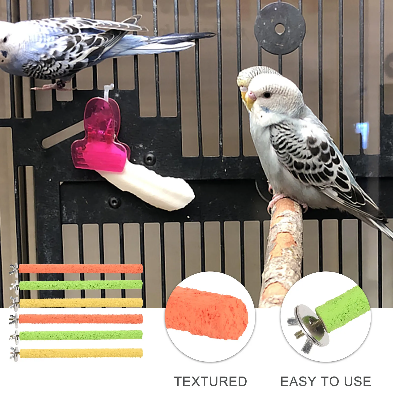 6Pcs Parakeet Perch Stand Wooden Quartz Sand Bird Perch for Claw Grinding Resting and Balancing Training in Cage
