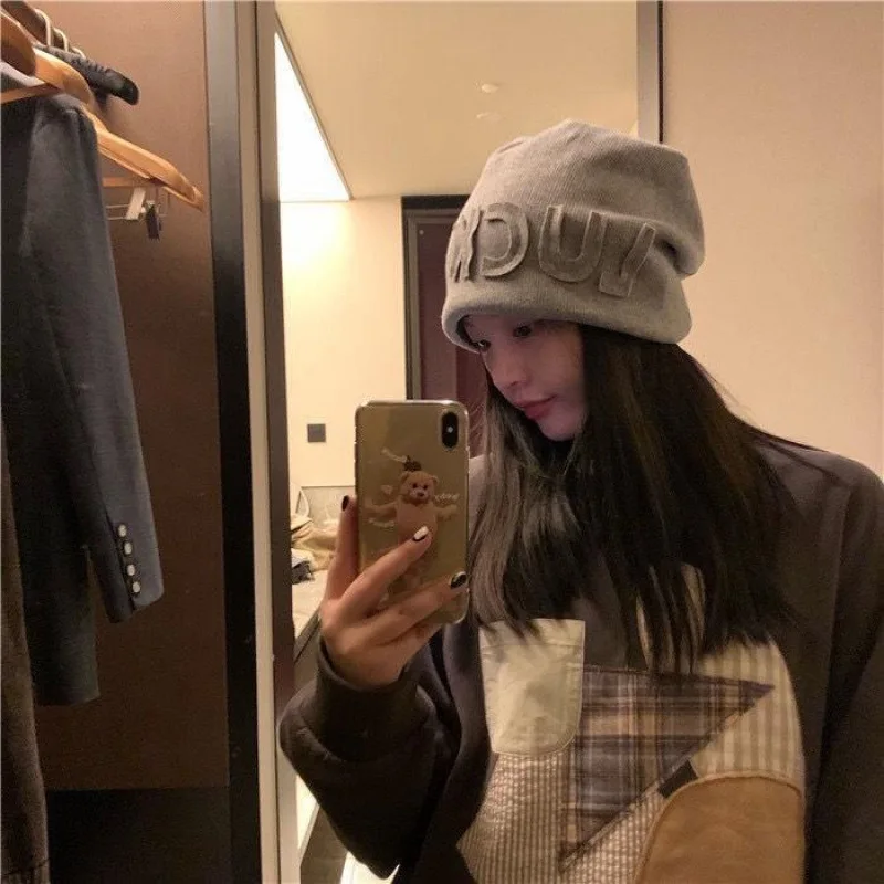 New Korean-style Lucky Girls Fleece Hat, Japanese Knit Hat with Lettering for a Slimming Effect, Trendy and Warm Fashion Headwea