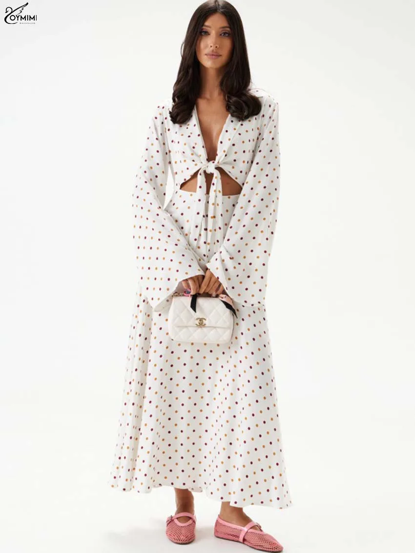 

Oymimi Elegant White Print Dresses 2025 Woman Fashion V-Neck Long Sleeve Lace-Up Dresses Autumn Hollow Out Mid-Calf Dress Female