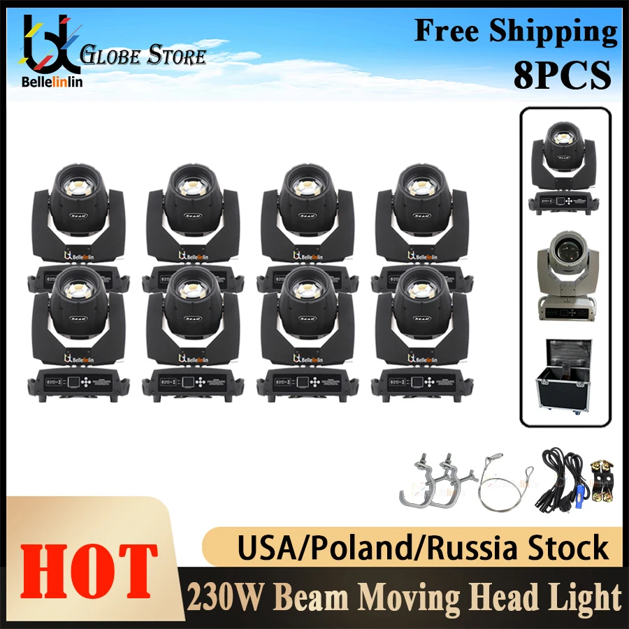 8Pcs Moving Head DMX Light Lyre Beam 7R 230W Com Rotating 8 + 16 + 24 Prism Stage Effect Para DJ Party Disco Club Casamento