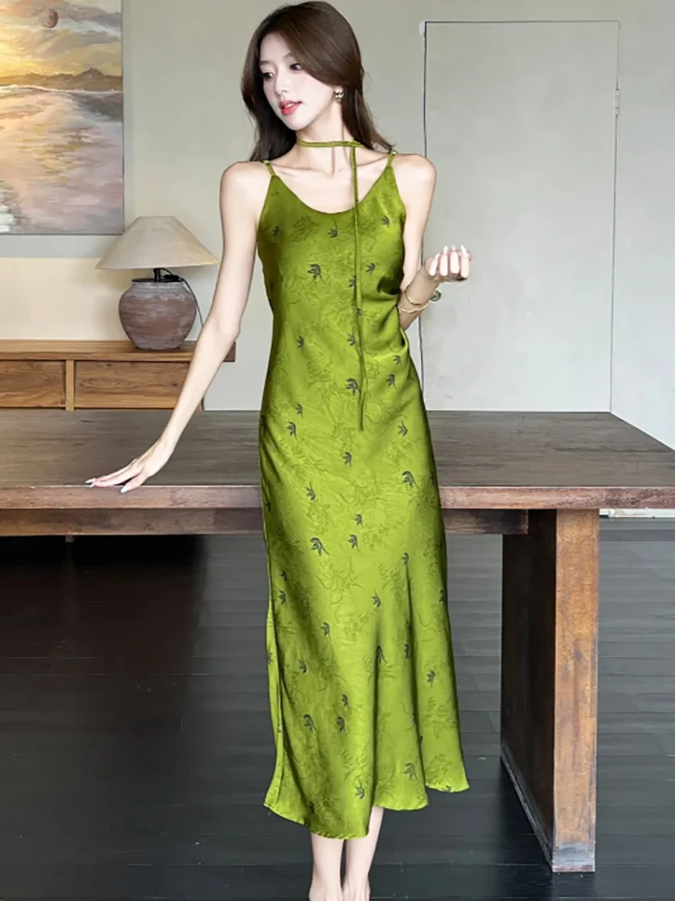 レディース グリーン プリント サテン シック スリング セクシー ロングドレス サマー プリーツ ボディコン ラグジュアリー ドレス 2025 韓国 ヴィンテージ エレガント イブニングドレス
