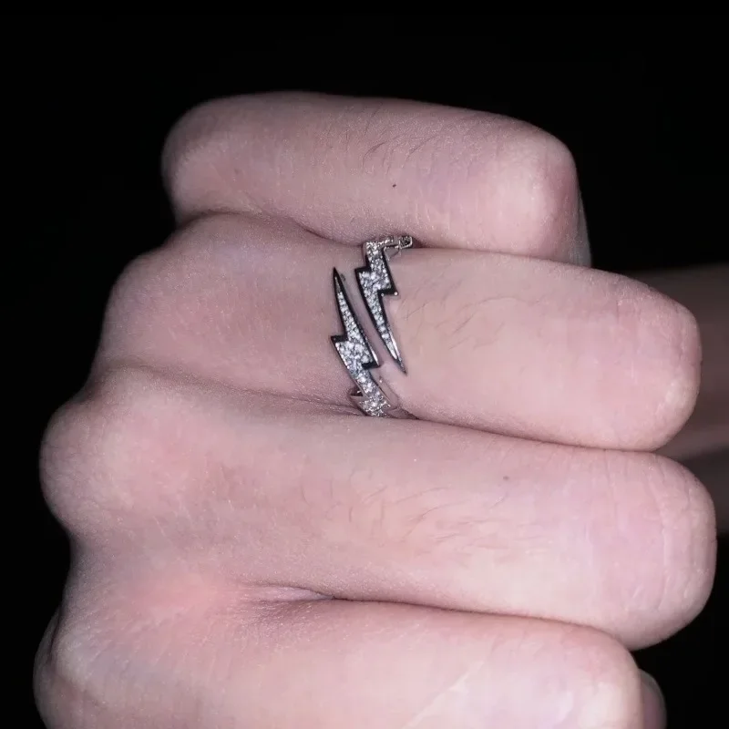 2024 New Hip Hop Silver Color Lightning Open Rings for Women Men Trendy Irregular EKG Index Finger Ring Personality Jewelry Gift
