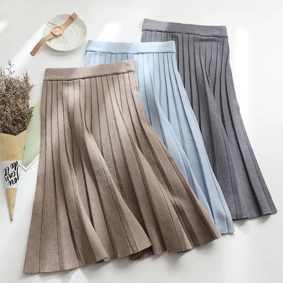 Elegant Fashion Solid Color Knit Pleated Skirt Autumn Winter A-Line Trend All-match Elastic High Waist Skirts Women's Clothing
