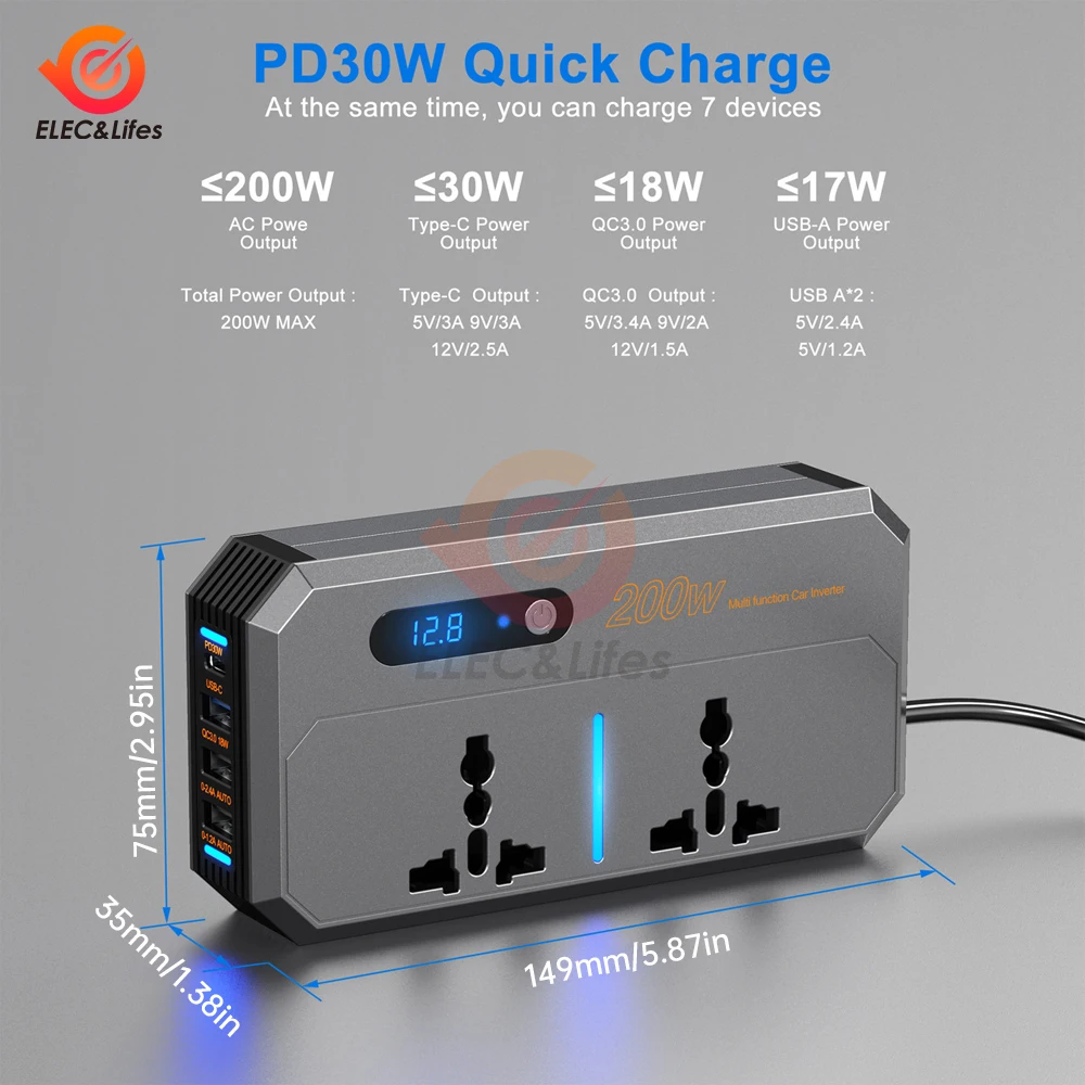 محول طاقة السيارة مع شاشة ليد ، محول جهد ، محول شاحن محول ، حماية متعددة ، 4USB ، 12 فولت تيار مستمر ، 24 فولت إلى تيار متردد