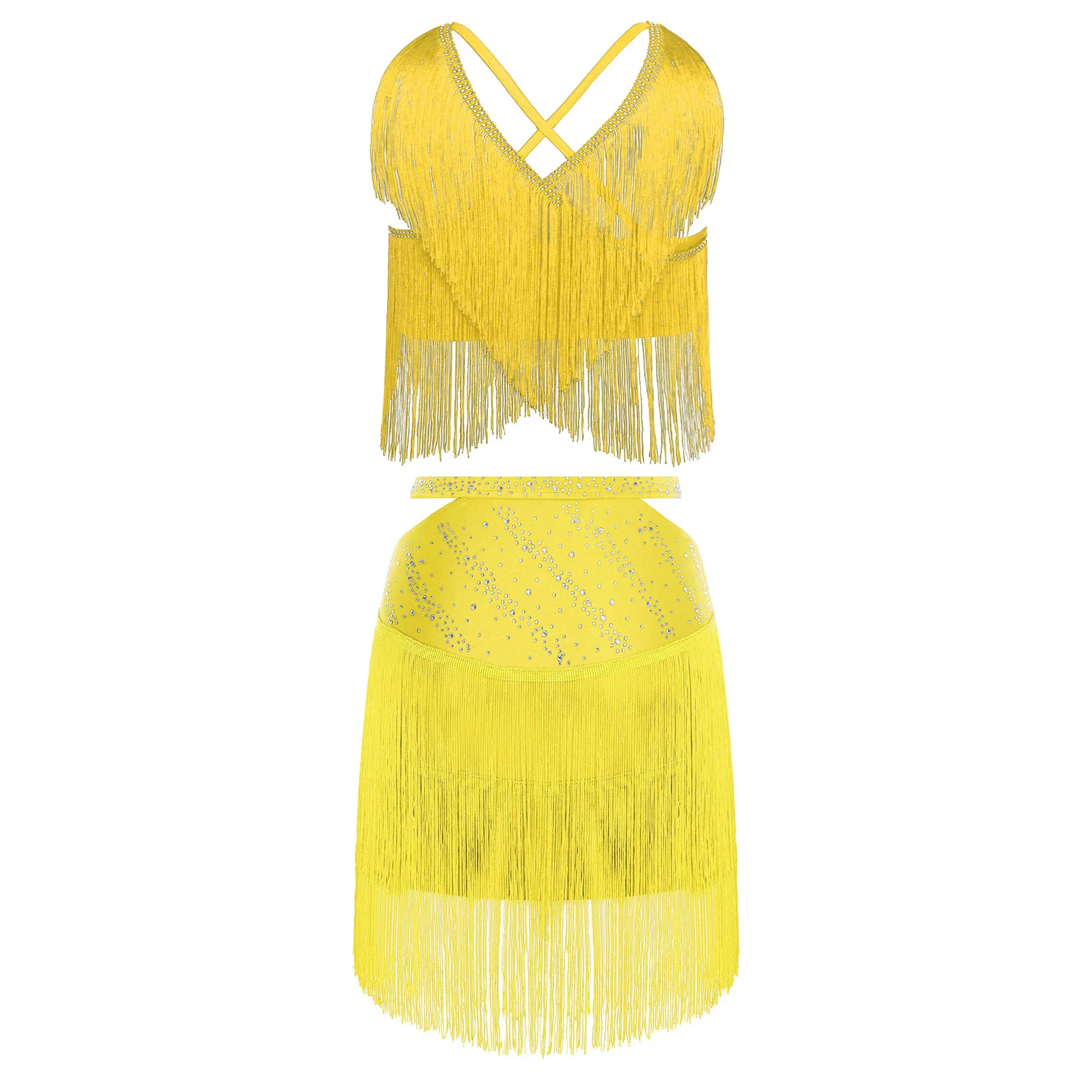 ملابس النساء اللاتينية التانغو شرابة أداء الرقص بلا أكمام هامش المحاصيل الأعلى وتنورة حزام مطاط لملابس الرقص تشا تشا #2