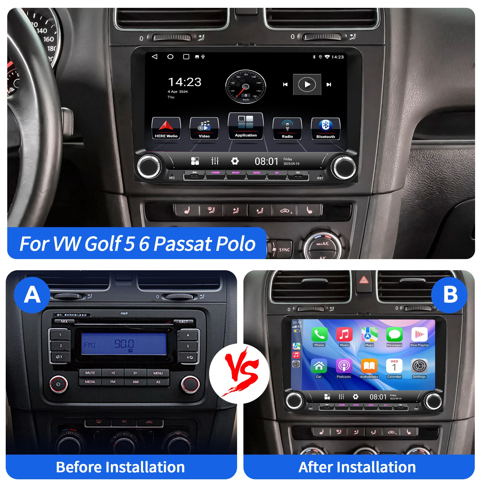 ESSGOO Android 15 9 Zoll 64G Für VW GOLF 5 6 Plus Touran Caddy Kabelloses Carplay Autoradio GPS NAVI WIFI SWC RDS BT Typ-C USB