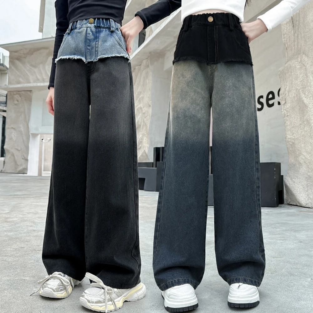 Autumn Teenage Girls Gradient Denim Wide Leg Pants 8 10 12 14 Junior Kids Jeans Children Splicing Waist Trousers Youth Clothes