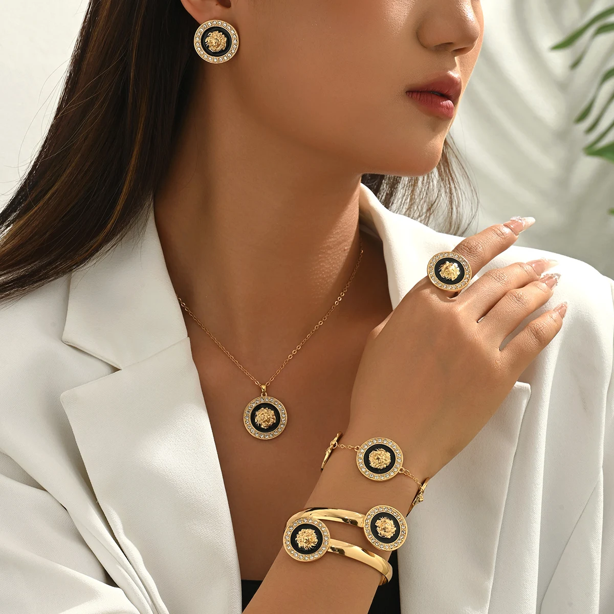 Lion Head Cuban Link Jewelry Set Crystal Enamel 2/5Pcs Necklace/Bracelet/Earrings/Ring/For Women Formal & Streetwear All Season