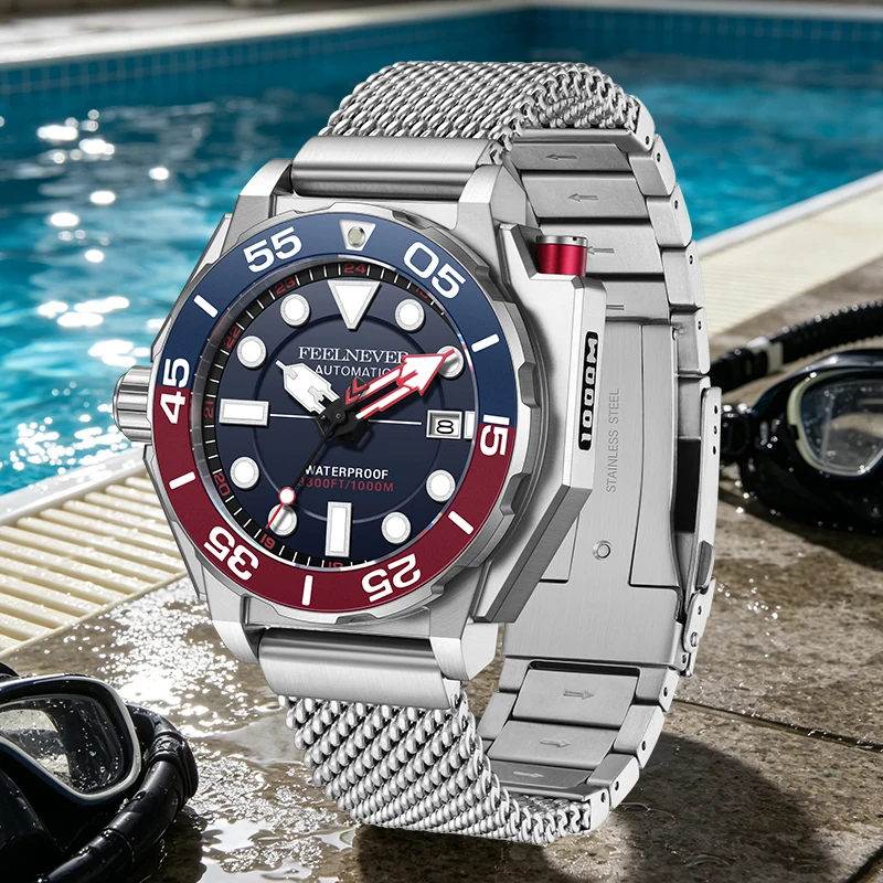 FeelNever Luxury Fashion Automatic Man Watch Waterproof Luminous Mechanical Clock Sports Rotating Bezel Watches for Men Gift Box