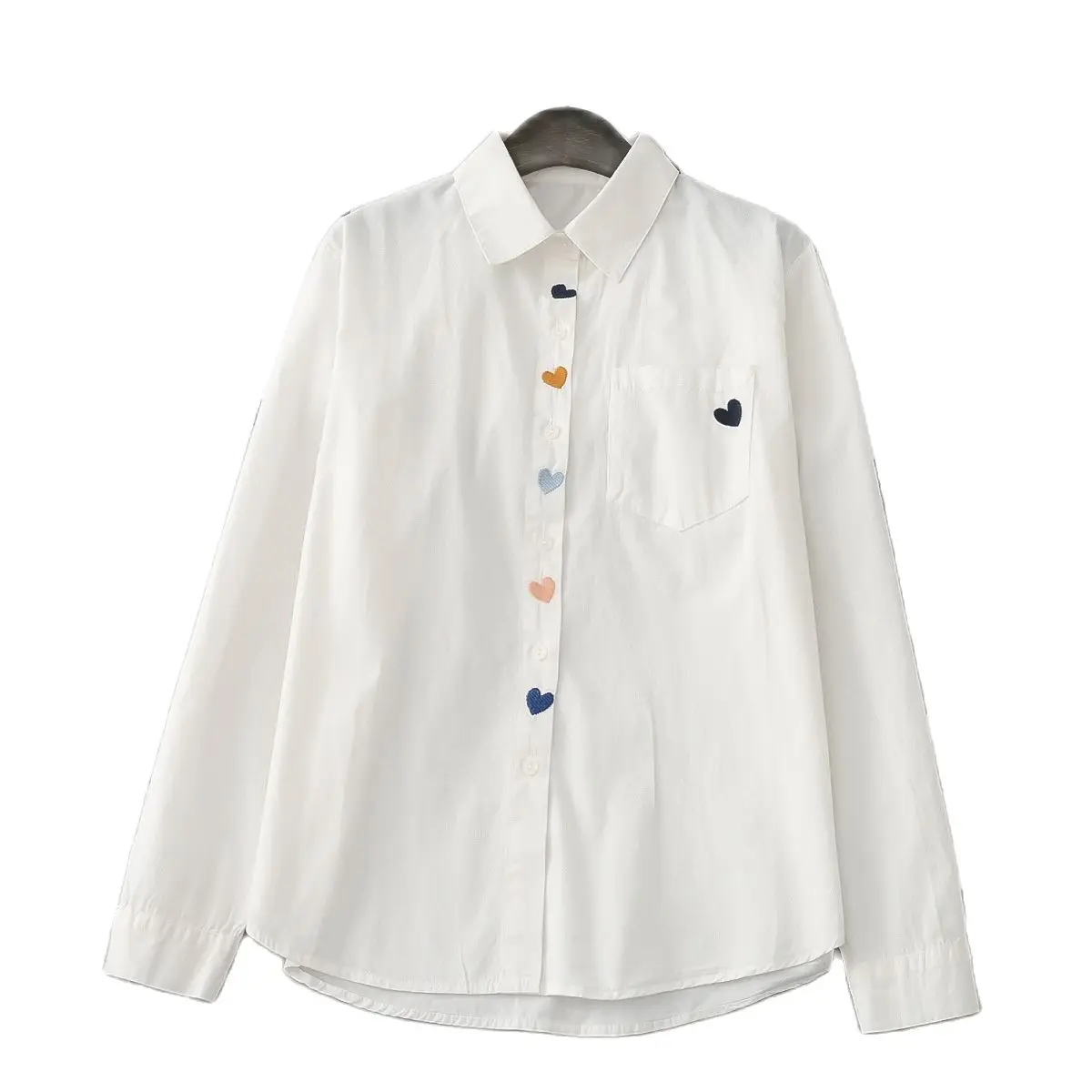 Autumn New Women Cotton White Shirts Heart Embroidered Full Sleeve Turn Down Collar Loose Blouse Casual Tops Spring T36310JC