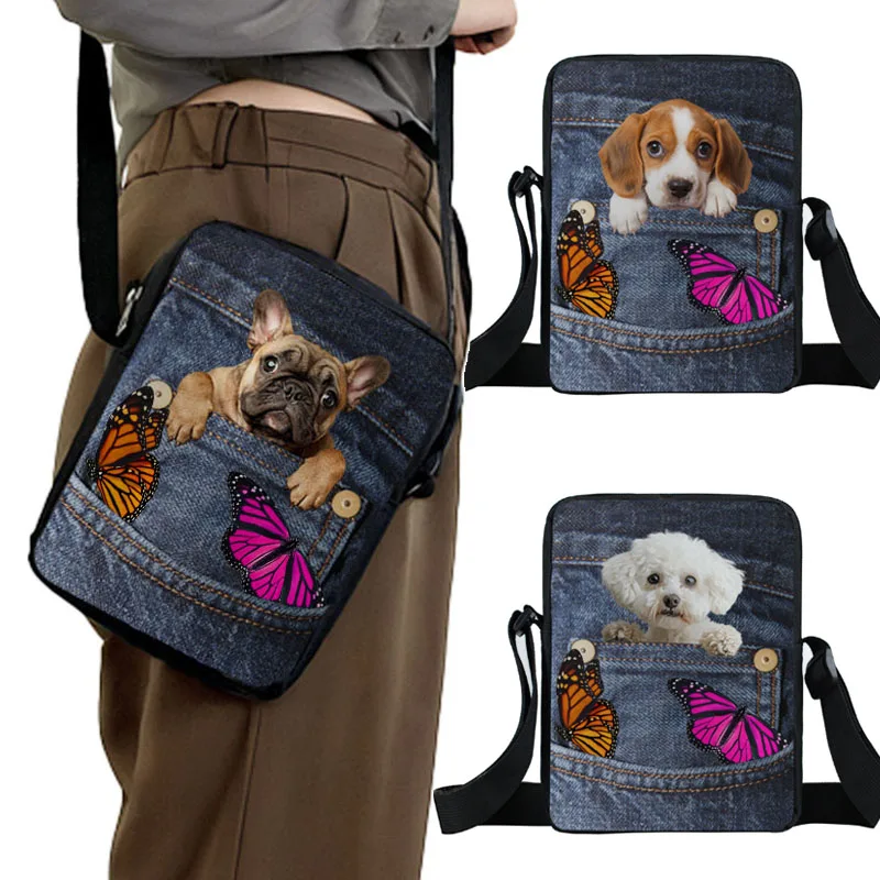 Funny Pocket Dog Print Crossbody Bag Pet Dachshund Bulldog Beagle Yorkshire Women Handbag Bookbag Portable Storage Bags Gift