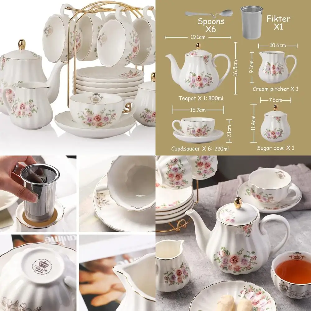 

Elegant British Royal-Inspired Porcelain Tea Set for 6, 8oz Cups, with Accessories for Tea Parties and Special Occasions
