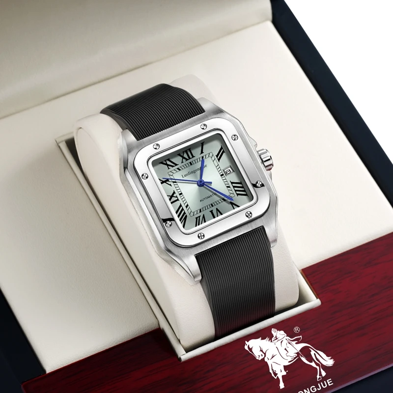 Men's Square Mechanical Watch, Fully Automatic Mechanical Movement, Roman Numeral Dial, Calendar Display, Rubber Strap, Skeleton Design, Waterproof Wristwatch, Business Casual Luxury Men's Watch, Trendy Fashion Commuter Watch, Preferred Choice for Gift-Giving and Personal Use, Precise Timekeeping, Wear-Resistant Case, Comfortable to Wear, Suitable for Daily Business and Various Occasions